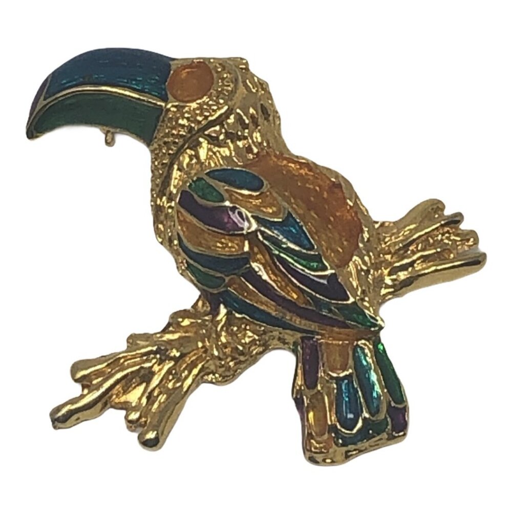 Figural Toucan Brooch Parrot Tropical Bird Gold‎ Tone Enamel Pin
